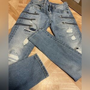 BLANK NYC Distressed Blue Jeans with Zipper Accents